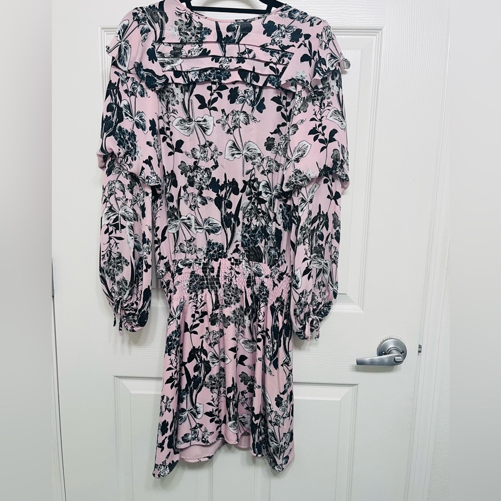 Parker Pink and Black Floral Long Sleeve Silk Mini Dress ,size M